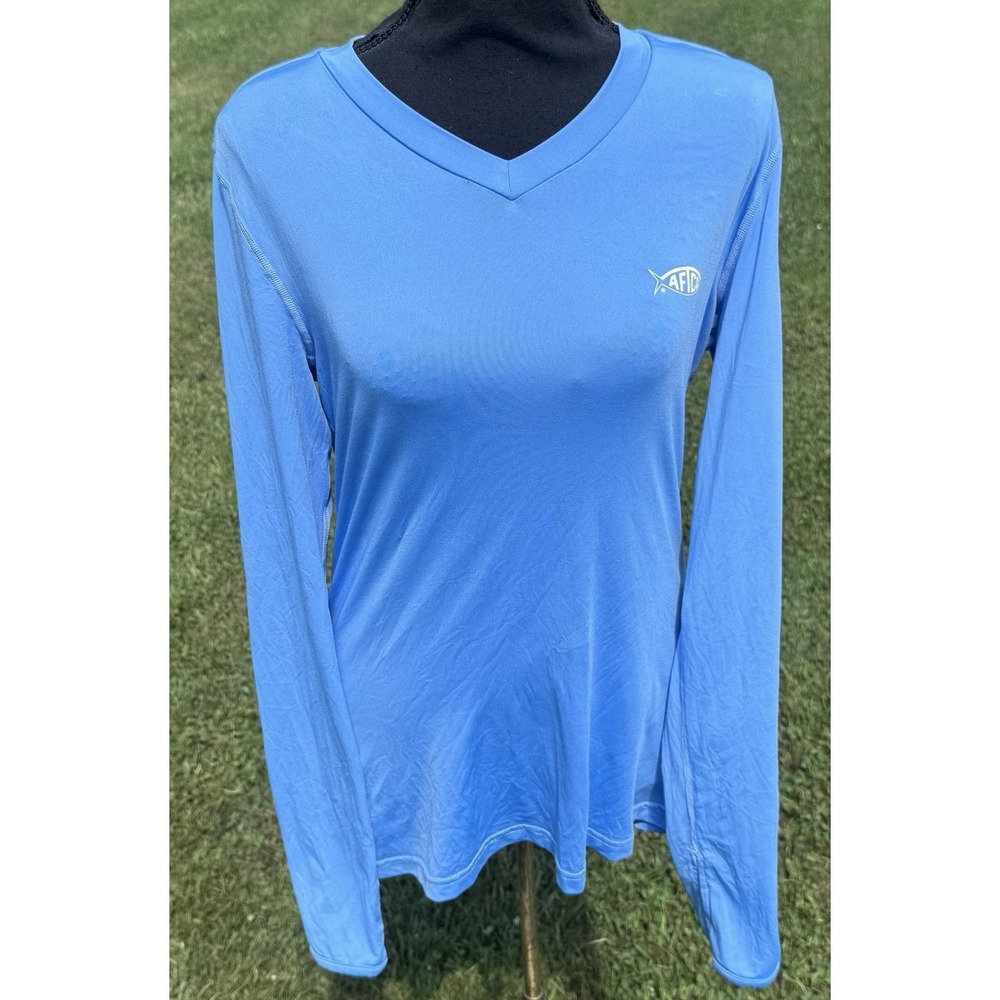 AFTCO Shirt Womens Medium Blue V Neck Long Sleeve Fishing Performance Tee